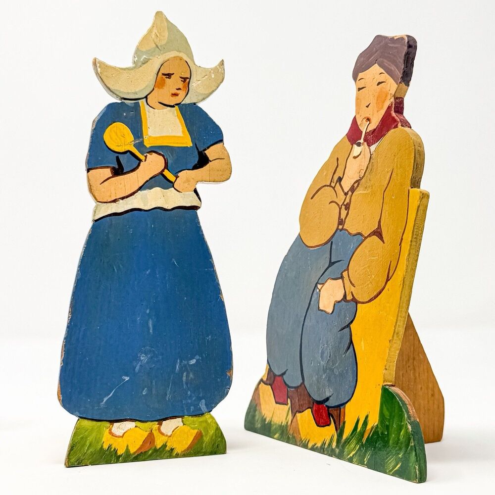 Vintage Hand Painted Dutch Folk Art Wooden Shelf Sitters Holland Couple Set - Picture 3 of 5
